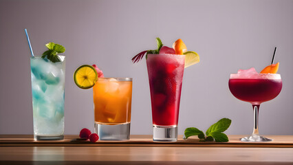 Several types of colorful cocktails arranged neatly on a wooden table for a social or festive drinking event