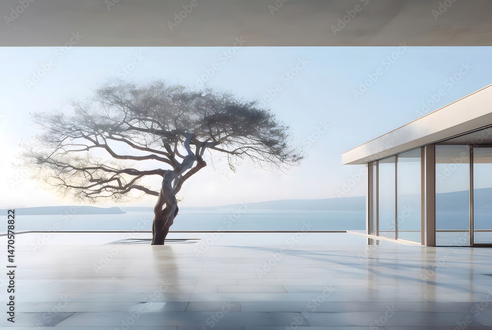 Poster 湖のほとりの現代的なミニマリストの家 グレーと白の建築 静かな水と晴れた空の背景に孤立した木