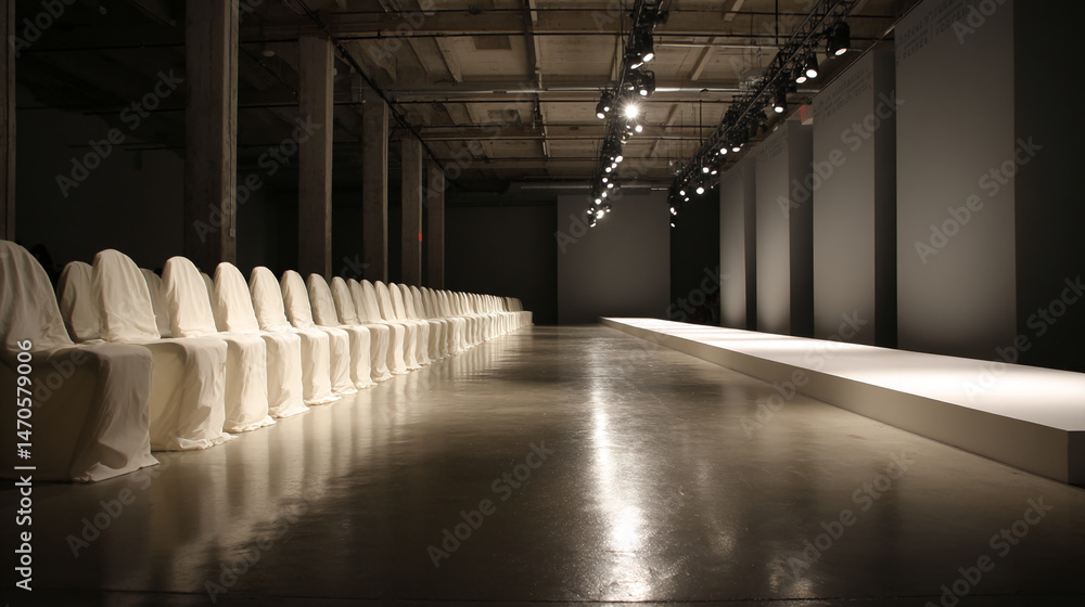 Poster empty fashion show runway with covered chairs, showcasing a minimalist and elegant event space, idea
