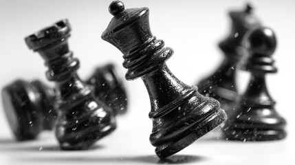 Falling black chess pieces, dynamic and dramatic, isolated on background