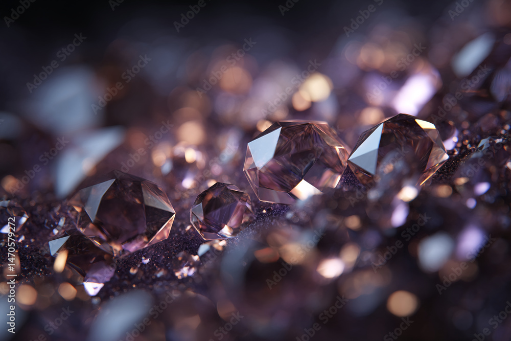 Poster close-up of purple crystals,faceted and glittering, creating a luxurious and sparkling appearance sy