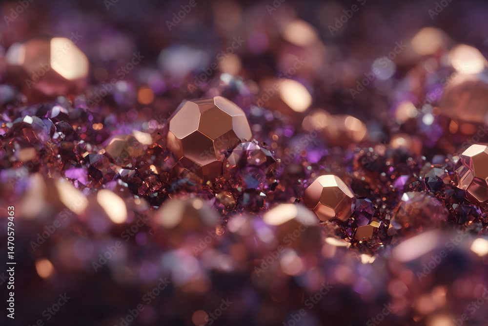 Poster close-up of rose gold geometric shapes nestled in purple crystals, creating a luxurious and sparklin