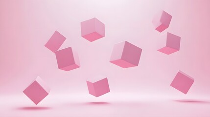 3D render showcases translucent pink pentagonal prisms floating on a seamless pink background.