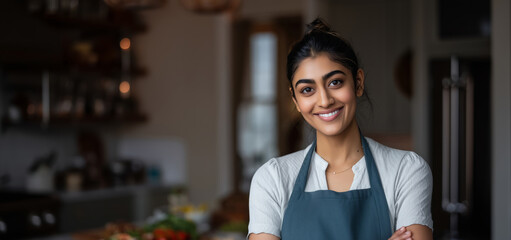 Fototapeta premium Young asian female chef smiling in a cozy kitchen setting