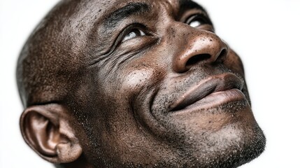 Portrait of a smiling African man looking up, filled with hope and joy, isolated on white background