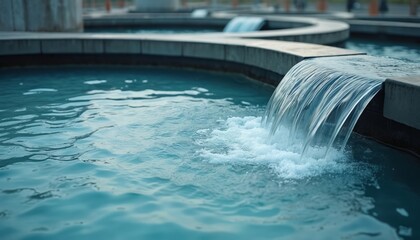 Modern water treatment plant with flowing water. Clean water falling down creating a waterfall in urban environment. Environmental tech helps water recycling. Fresh and clean liquid water concept.