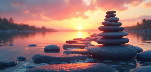 Obraz premium Zen stones stacked on water with sunset. Peaceful scene evokes calm, meditation, mindfulness, balance. Zen garden concept. Stones, water, nature create harmony. Ideal for wellness, relaxation,