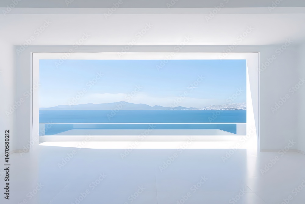 Aufkleber 広い白い部屋から見える穏やかな青い海と空の美しい景色 ミニマルなデザインと明るい自然光が特徴