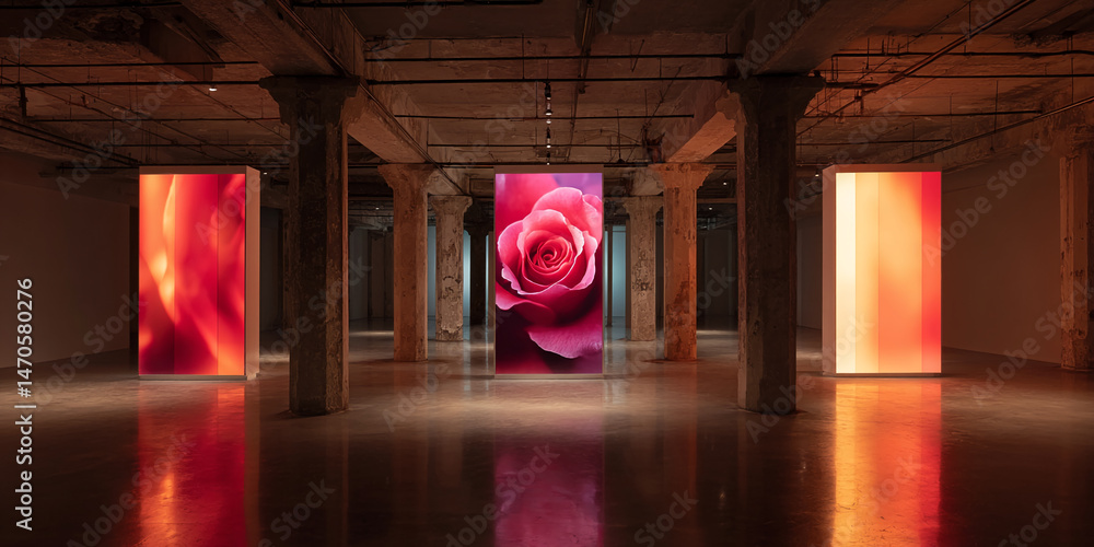 Poster Illuminated panels display abstract and rose imagery in a spacious industrial interior with concrete columns, creating a modern art showcase