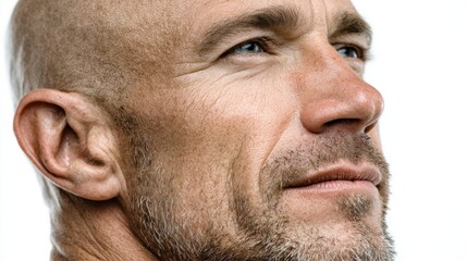 Obraz premium Portrait of a bald man facing sideways, exuding strength and confidence, isolated on white background