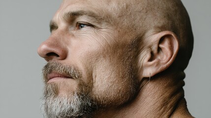 Obraz premium Portrait of a bald man facing sideways, exuding strength and confidence, isolated on white background