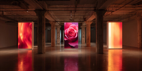 Illuminated panels display abstract and rose imagery in a spacious industrial interior with concrete columns, creating a modern art showcase