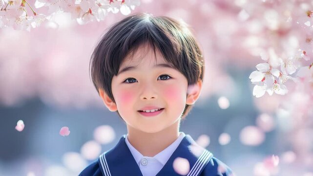 桜の下で笑顔の新入生男の子