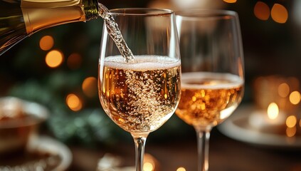 Fototapeta premium Sparkling wine is poured into two glasses. Festive ambiance