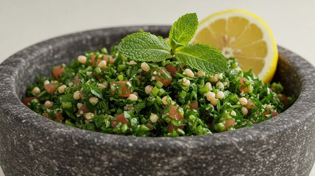 Delicious tabbouleh salad recipe with fresh herbs lemon and bulgur wheat in stone bowl closeup shot