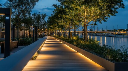 Obraz premium Illuminated waterfront boardwalk at dusk, showcasing urban landscaping.