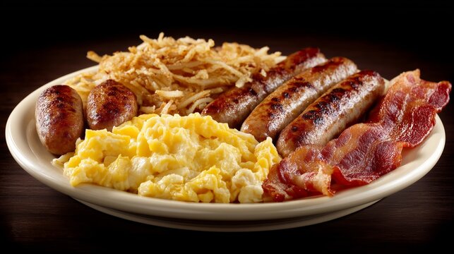 Delicious breakfast platter with sausages, bacon, scrambled eggs, and hash browns