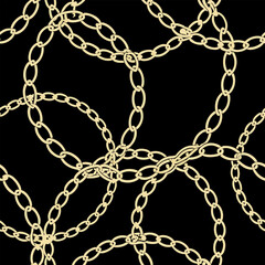 Fashion design made with gold colored chain jewelry seamless pattern on a black background	
