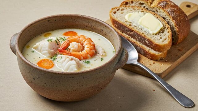 Delicious seafood chowder recipe with shrimp and cod served with crusty bread and butter dish