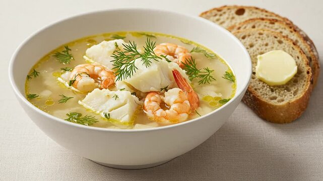Delicious seafood soup recipe with shrimp and cod served with bread and butter for a hearty meal