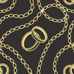 Fashion design made with gold colored chain jewelry seamless pattern on a black background	
