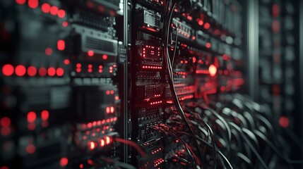 Abstract technology server rack with red lights and cables data center web dark grid power system