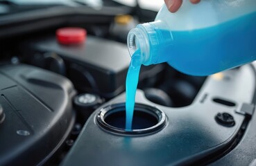 Pouring blue antifreeze into windshield washer tank. Car maintenance. Winter car care and service. Filling coolant during cold weather. Automotive fluid, vehicle, transportation.