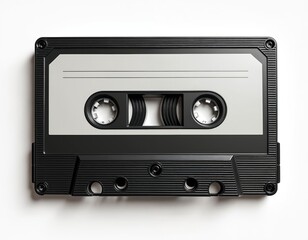Top view of audio cassette tape, isolated on white. Black and white retro design. Vintage tape for old stereo music player. Music recording concept. Nostalgia for 70s 80s 90s.