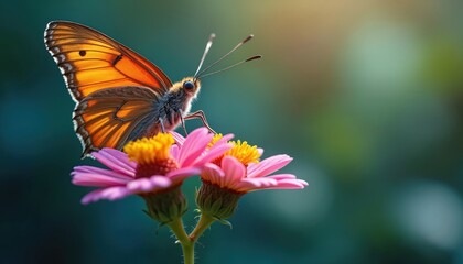 Fototapeta premium Detailed close-up of butterfly on pink flower, macro photo. Butterfly with orange wings collects nectar. Summer nature background, insect on flower, wildlife, spring beauty, detailed art.