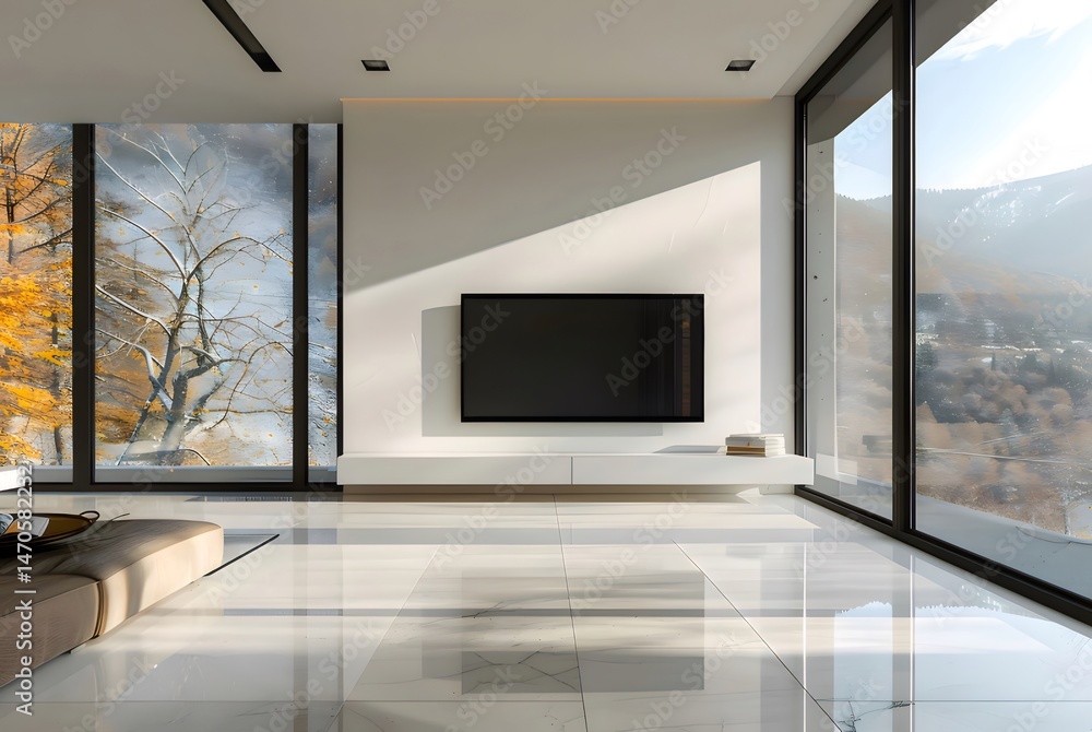 Aufkleber 白とベージュのモダンなリビングルーム テレビ 白い壁 大きな窓から見える秋の風景 静かな空間
