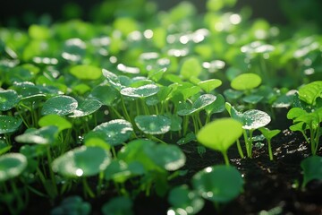 vibrant garden bed filled with rows of healthy, organic radish seedlings, showcasing lush green leaves and rich brown soil