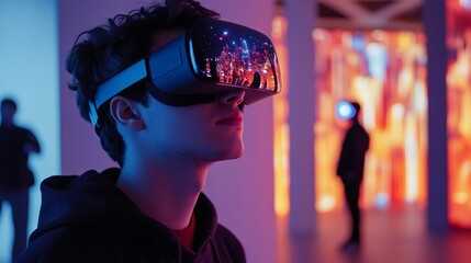 Young man experiencing immersive virtual reality cityscape vr boy game neon cool male night urban