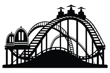 Silhouette shows a vintage roller coaster with high peaks against a plain white background