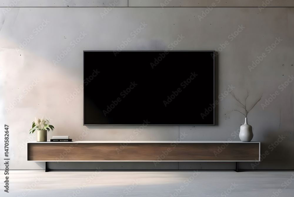 Poster ミニマリストのリビングルームのインテリアデザイン グレーのコンクリートの壁に黒いテレビ 白と木製の棚に花瓶と植物 ホームデコレーション