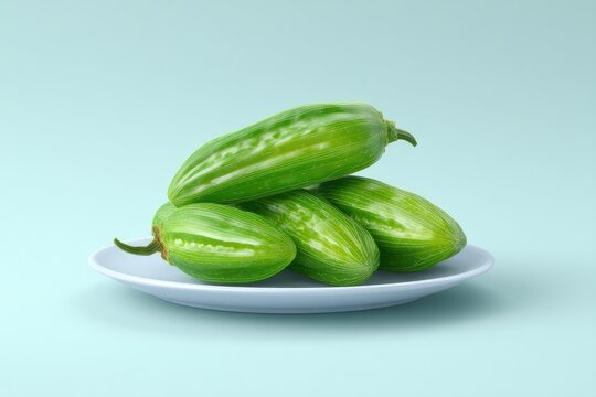 Pointed Gourd Stacked on Plate with Green Food.