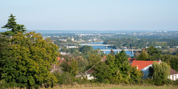 French landscapes. Panoramic top view of Andresy town, the Seine river with bridges and the valley. Yvelines, Ile-de--France, France. 