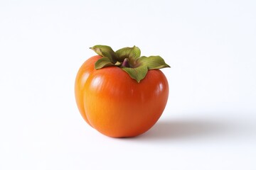 Single ripe persimmon fruit on white background.  Vibrant orange color.