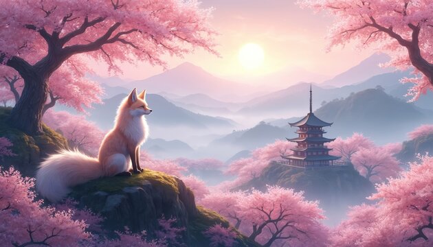 Majestic kitsune nine-tailed fox with moonlight fur sits, watches over breathtaking landscape of cherry blossom trees in full bloom. Japanese Pagoda, pink Sakura flowers in spring season sunrise