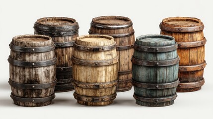Set of old wooden barrels, rustic and vintage, isolated on background