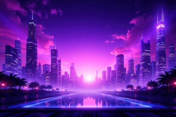 A futuristic urban night scene with towering buildings glowing in purple, a water body in the foreground, and palm trees on the sides, perfect for urban development, cityscape, and nighttime ambiance 
