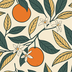 Orange tree branches with blossoms and fruit, in vintage style, cream and orange colors, for textile design