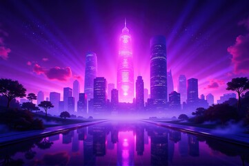 A futuristic city night view with high - rise buildings glowing in purple, a road and water body in the foreground, and trees on the sides, ideal for urban technology, modern life,