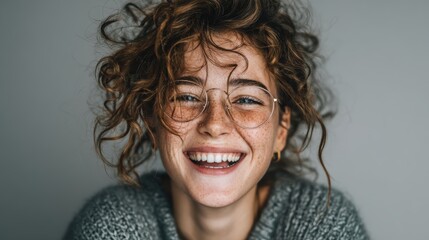 Happy woman smiling and laughing, radiating joy, isolated on background