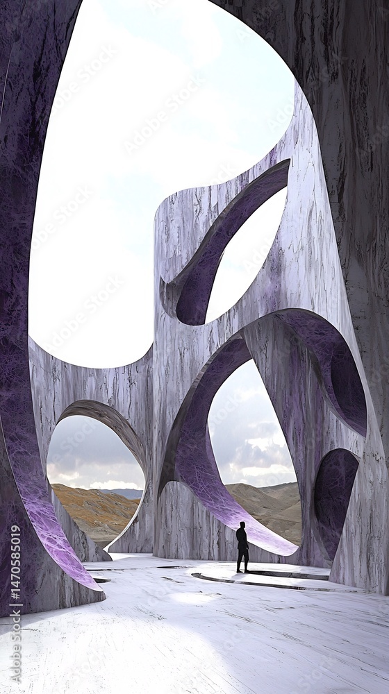 Fototapete architectural rendering depicting a lone figure within a striking organic structure of sculpted spac
