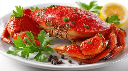 Cooked crab on a plate, fresh and ready to eat, isolated on white background