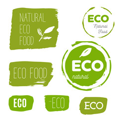 Eco Healthy food icons, labels. Ecology tags set. Organic icons. Natural product elements. Logo for vegetarian restaurant menu. Raster illustration. Low fat stamp. Eco product. Vector illustration