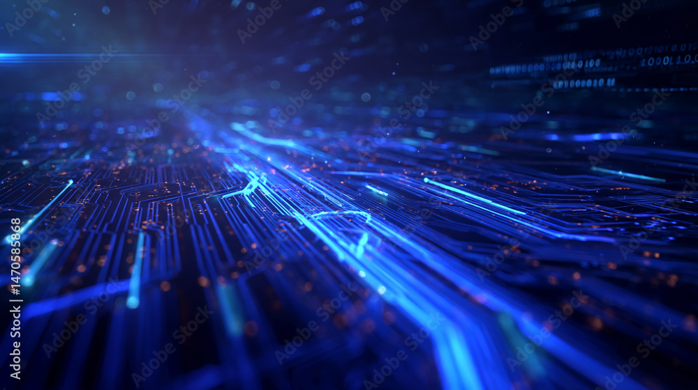 Poster abstract image of glowing blue lines resembling a circuit board, creating a dynamic and technologica