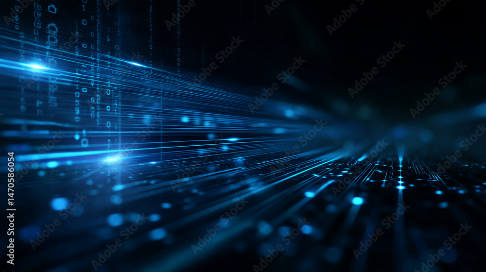 Poster abstract blue digital lines and glowing particles receding into darkness, creating a dynamic and fut
