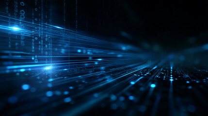 Abstract blue digital lines and glowing particles receding into darkness, creating a dynamic and futuristic perspective, symbolizing high-tech innovation and speed