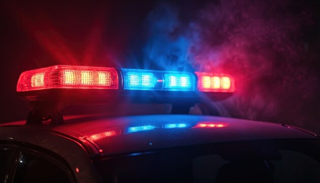 Flashing police car siren lights at night. Vibrant red and blue colors against dark background. Emergency services, law enforcement vehicles on duty. Crime scene investigation. Police car detail.